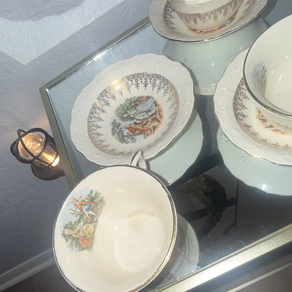 Vintage of 3 Ceramic Tea Cup & Saucer White the mallmars Romantic Couple Scene